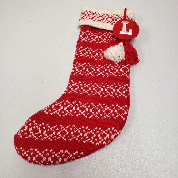 Target Wondershop Knit Christmas Stocking Red White Tassel Monogram L - Picture 1 of 7